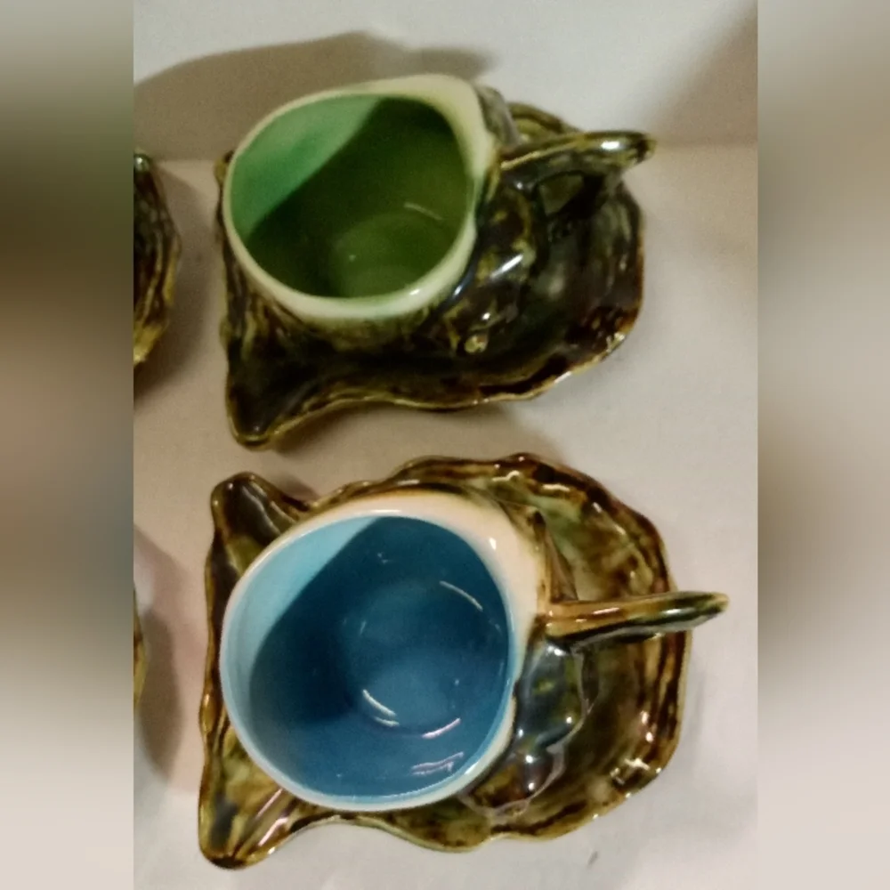 Vtge 8-Pc. Japan Shell Cups & Saucers 50s Porcelain Drip Glaze FLORIDA Engraved
